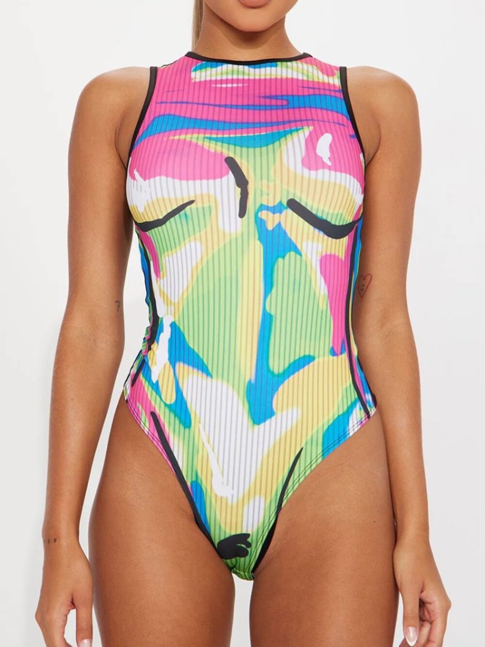 Fashion Nova She’s Out Of Control Bodysuit Multi Color Ribbed Stretch XL NWT